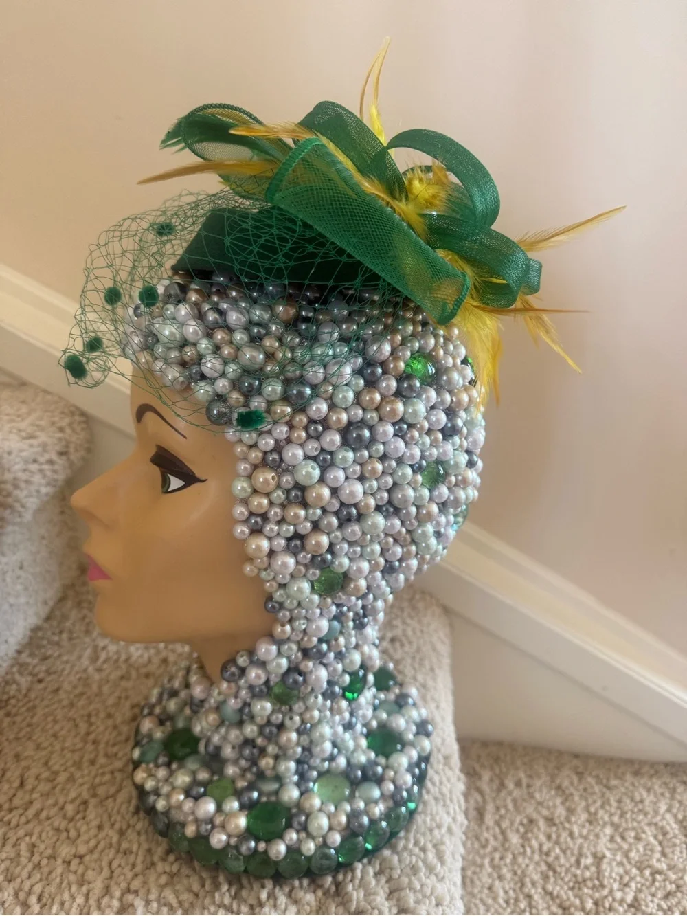 Green Feathered Veiled Pillbox Hat Fascinator